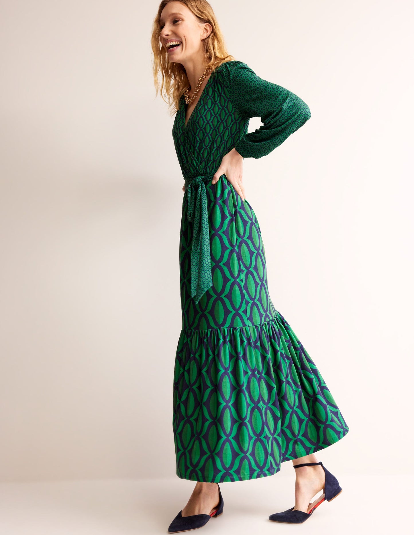 Jersey Maxi Wrap Dress-Veridian Green, Geo Valley