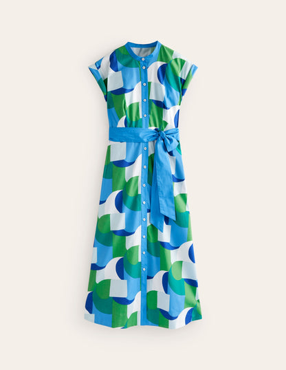 Amanda Cotton Midi Shirt Dress-Blue, Geometric Swirl