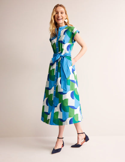 Amanda Cotton Midi Shirt Dress-Blue, Geometric Swirl