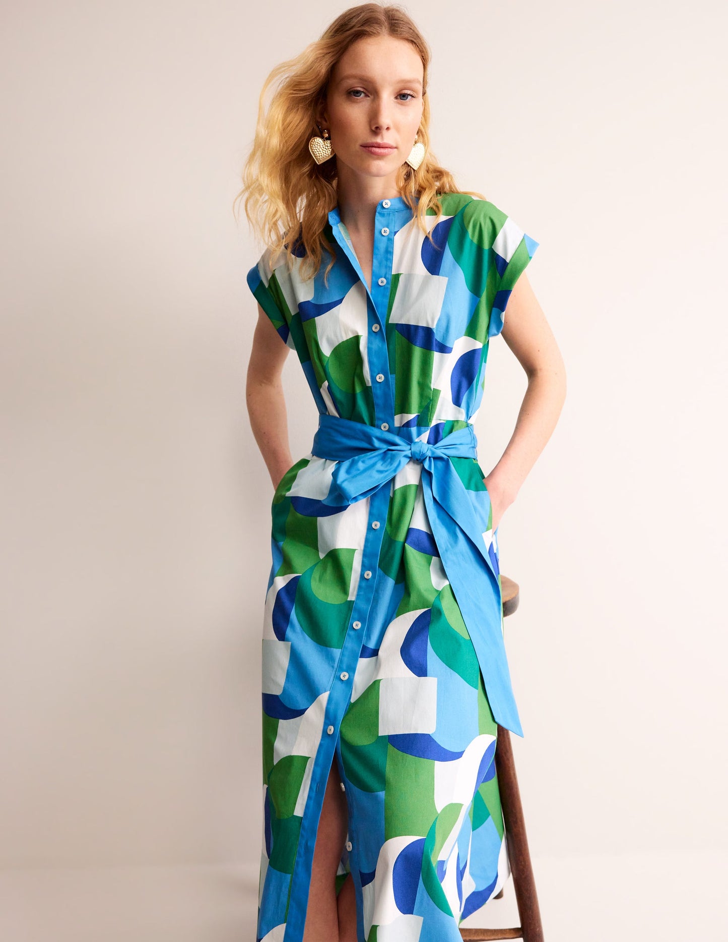 Amanda Cotton Midi Shirt Dress-Blue, Geometric Swirl