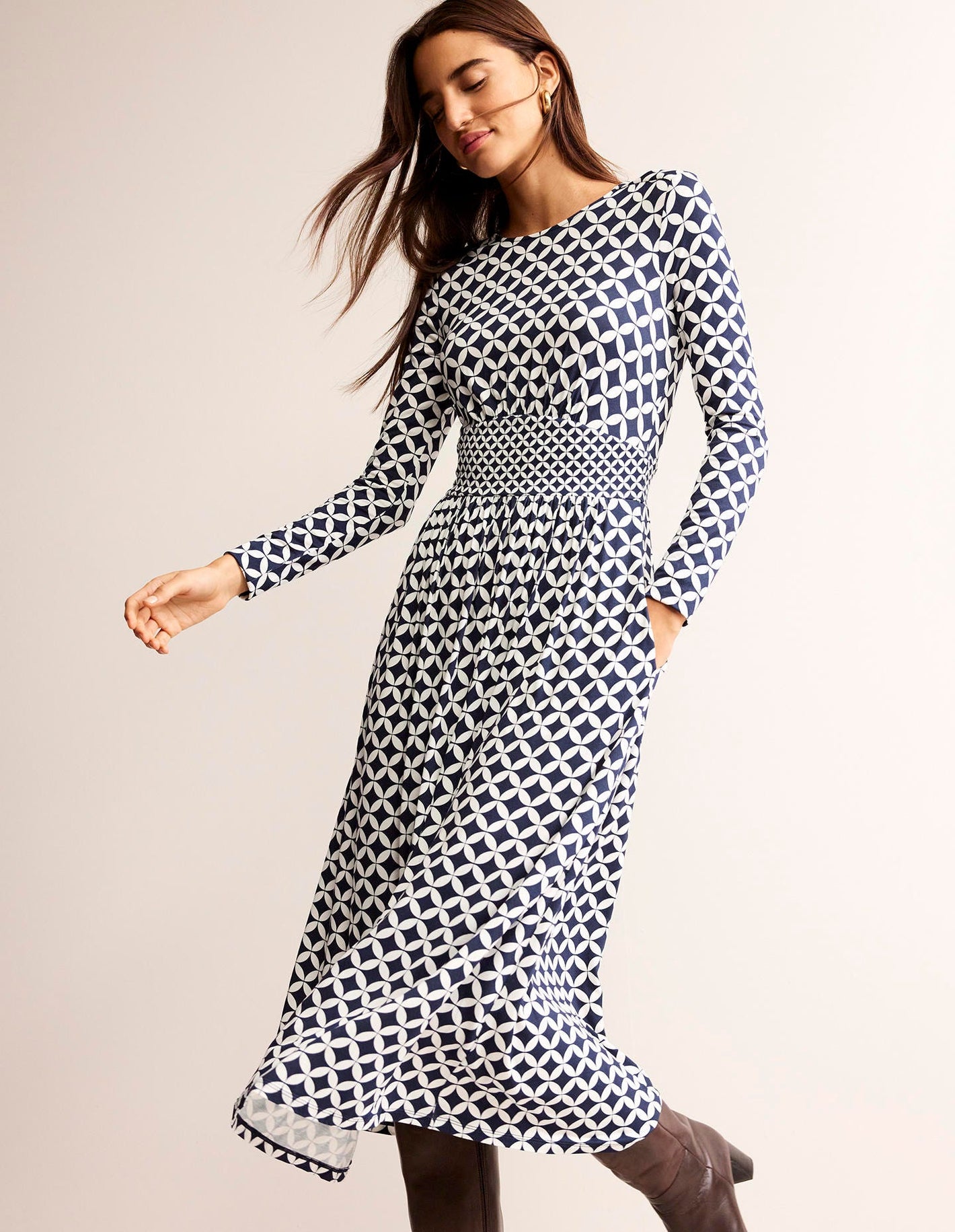 Thea Long Sleeve Midi Dress-French Navy, Diamond Terrace