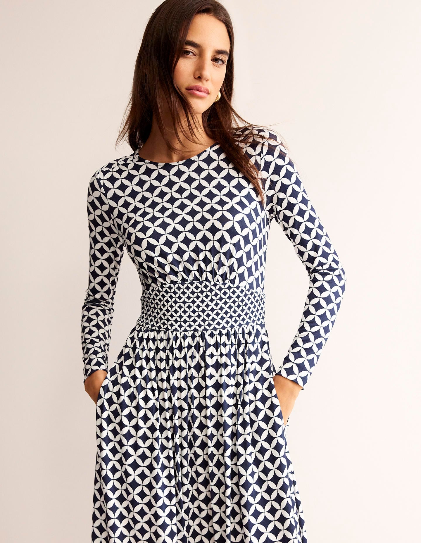 Thea Long Sleeve Midi Dress-French Navy, Diamond Terrace