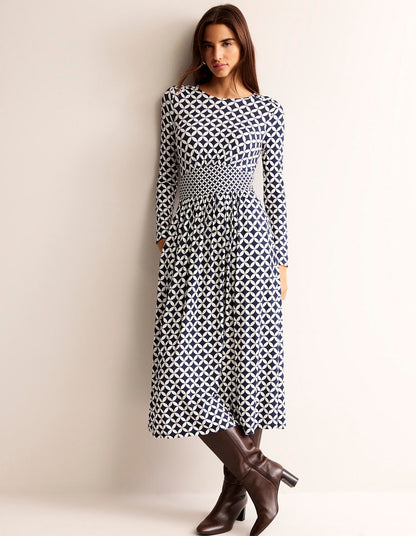 Thea Long Sleeve Midi Dress-French Navy, Diamond Terrace