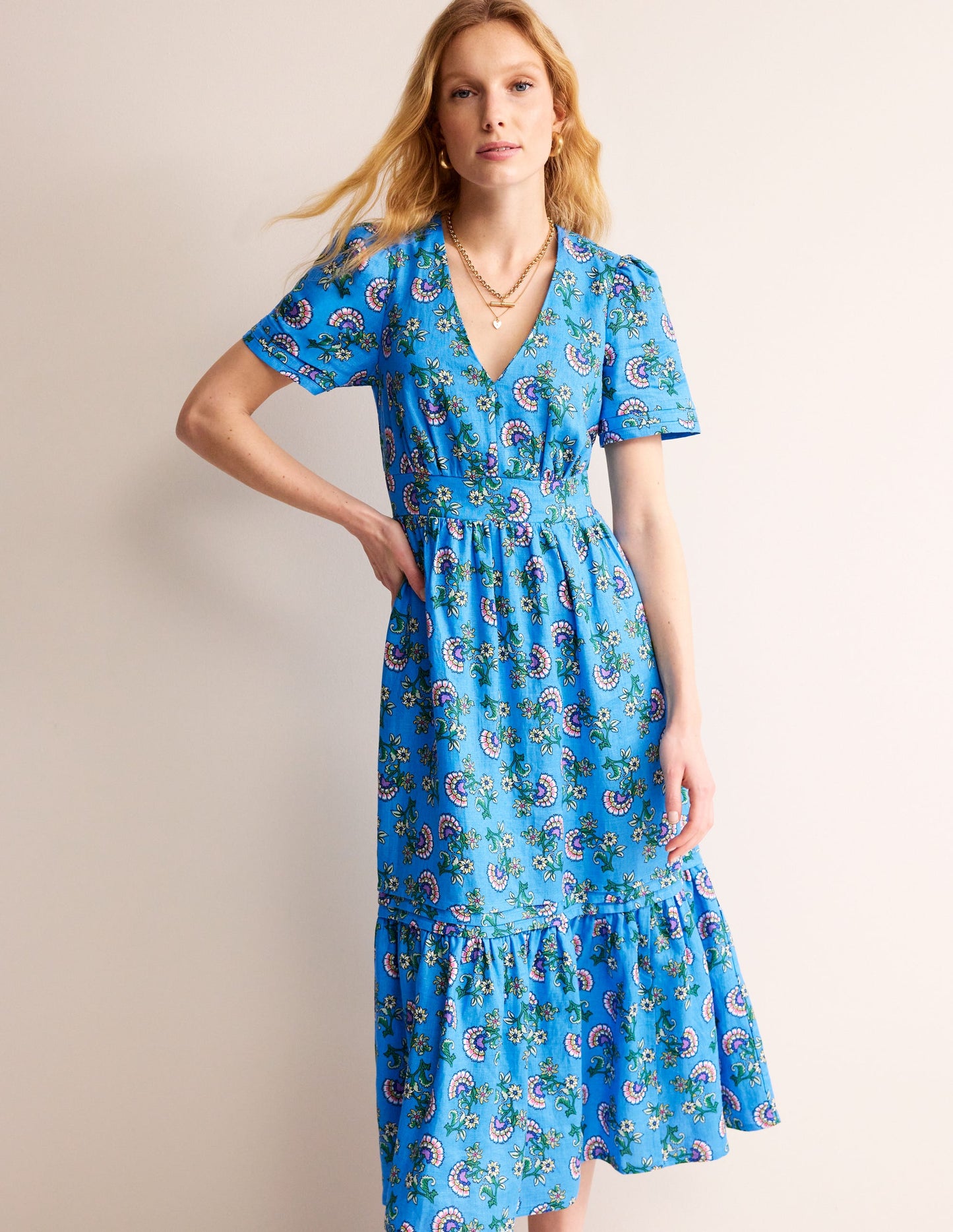 Eve Linen Midi Dress-Blue, Botanical Bunch