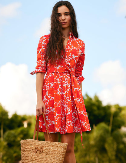 Amy Cotton Short Shirt Dress-Firecracker, Gardenia Swirl