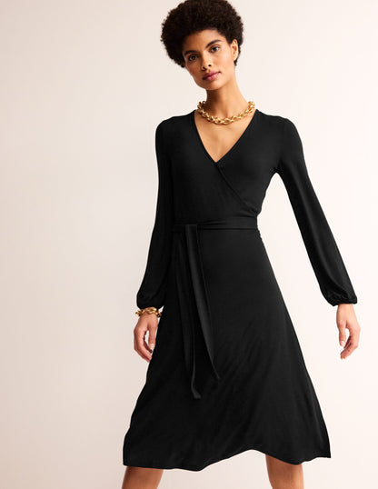 Joanna Jersey Midi Wrap Dress-Black