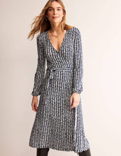 Joanna Jersey Midi Wrap Dress-French Navy, Abstract Heart