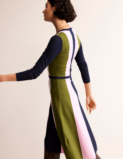 Colour Block Knitted Dress-Navy, Moss, Mauve Mist