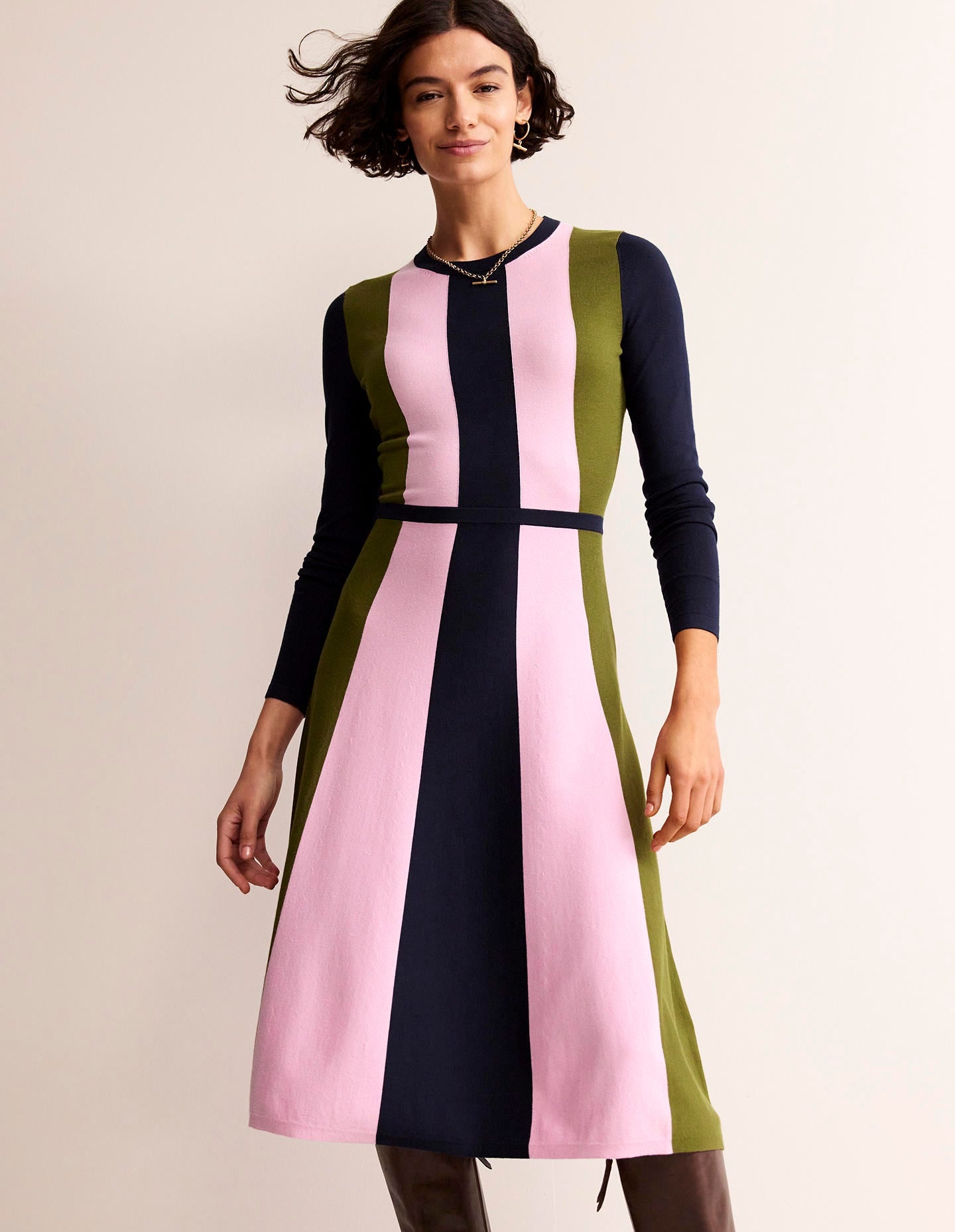 Colour Block Knitted Dress-Navy, Moss, Mauve Mist