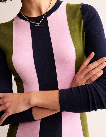 Colour Block Knitted Dress-Navy, Moss, Mauve Mist