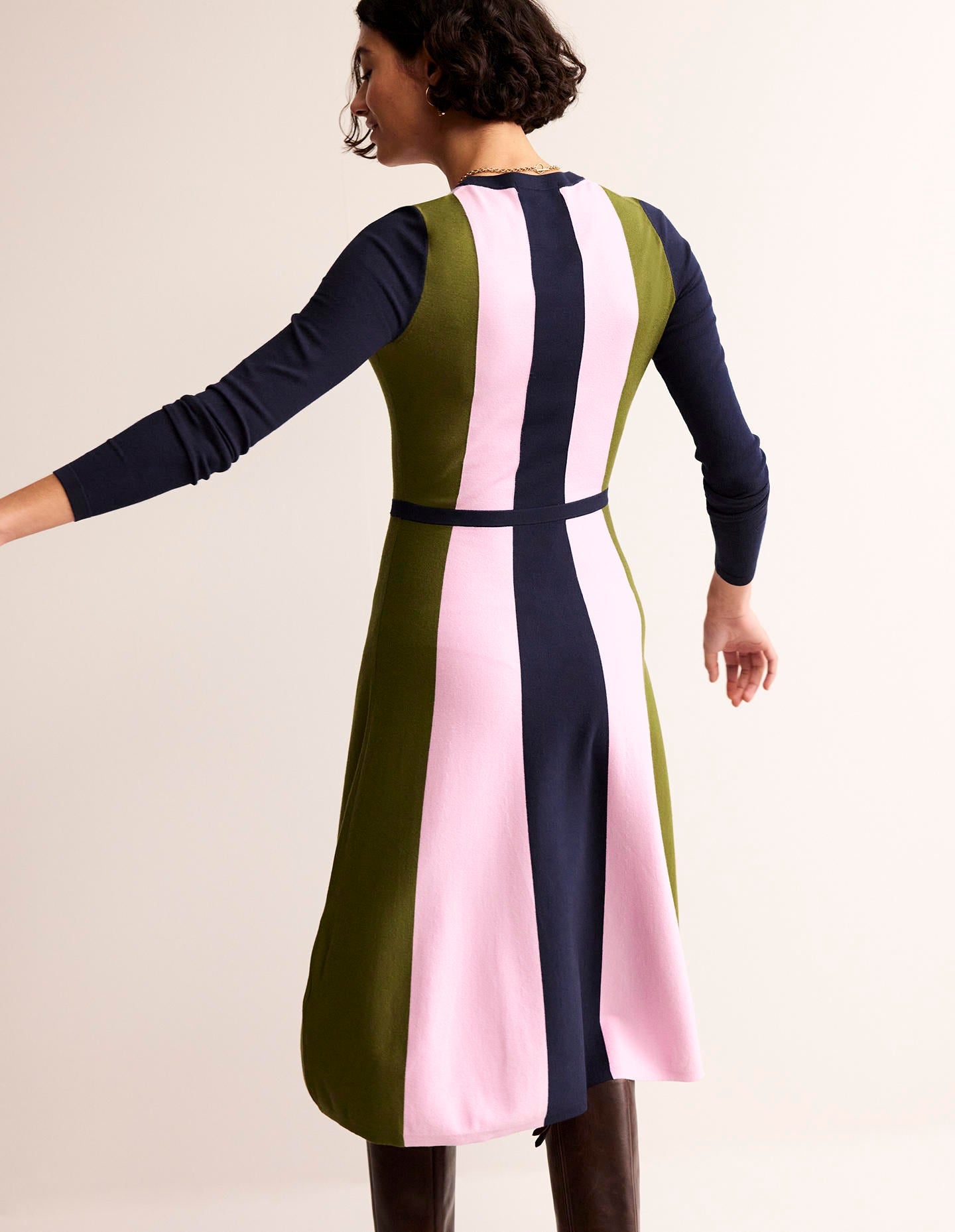 Colour Block Knitted Dress-Navy, Moss, Mauve Mist