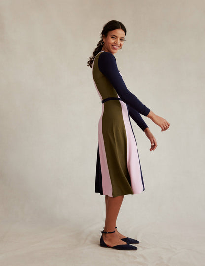 Colour Block Knitted Dress-Navy, Moss, Mauve Mist