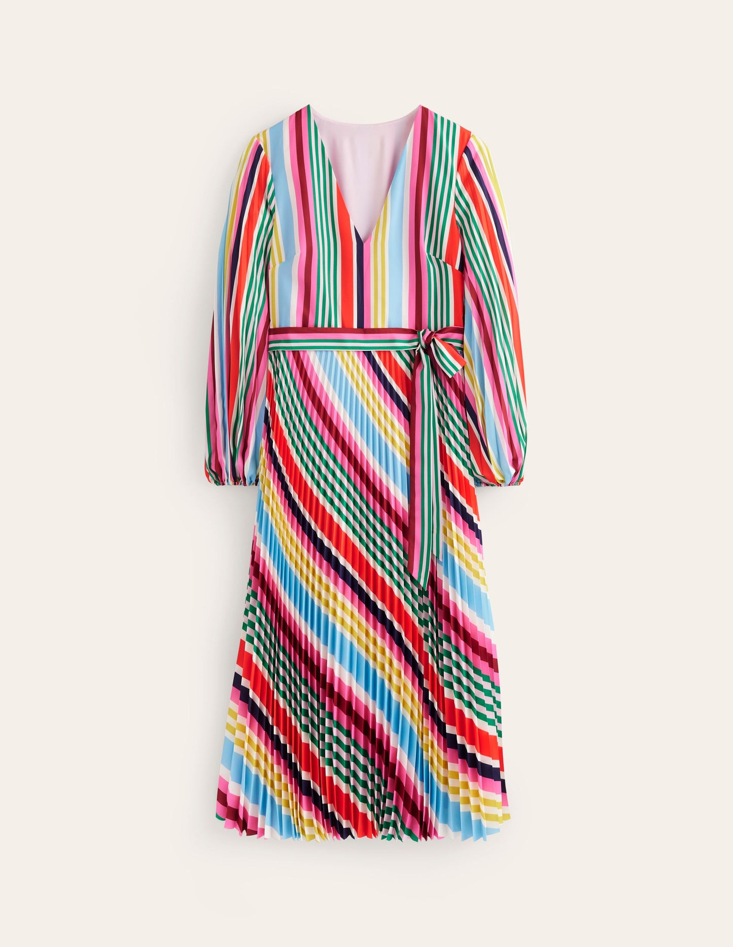 V-Neck Pleated Midi Dress-Varigated Multistripe