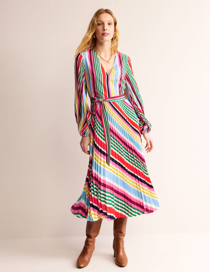 V-Neck Pleated Midi Dress-Varigated Multistripe