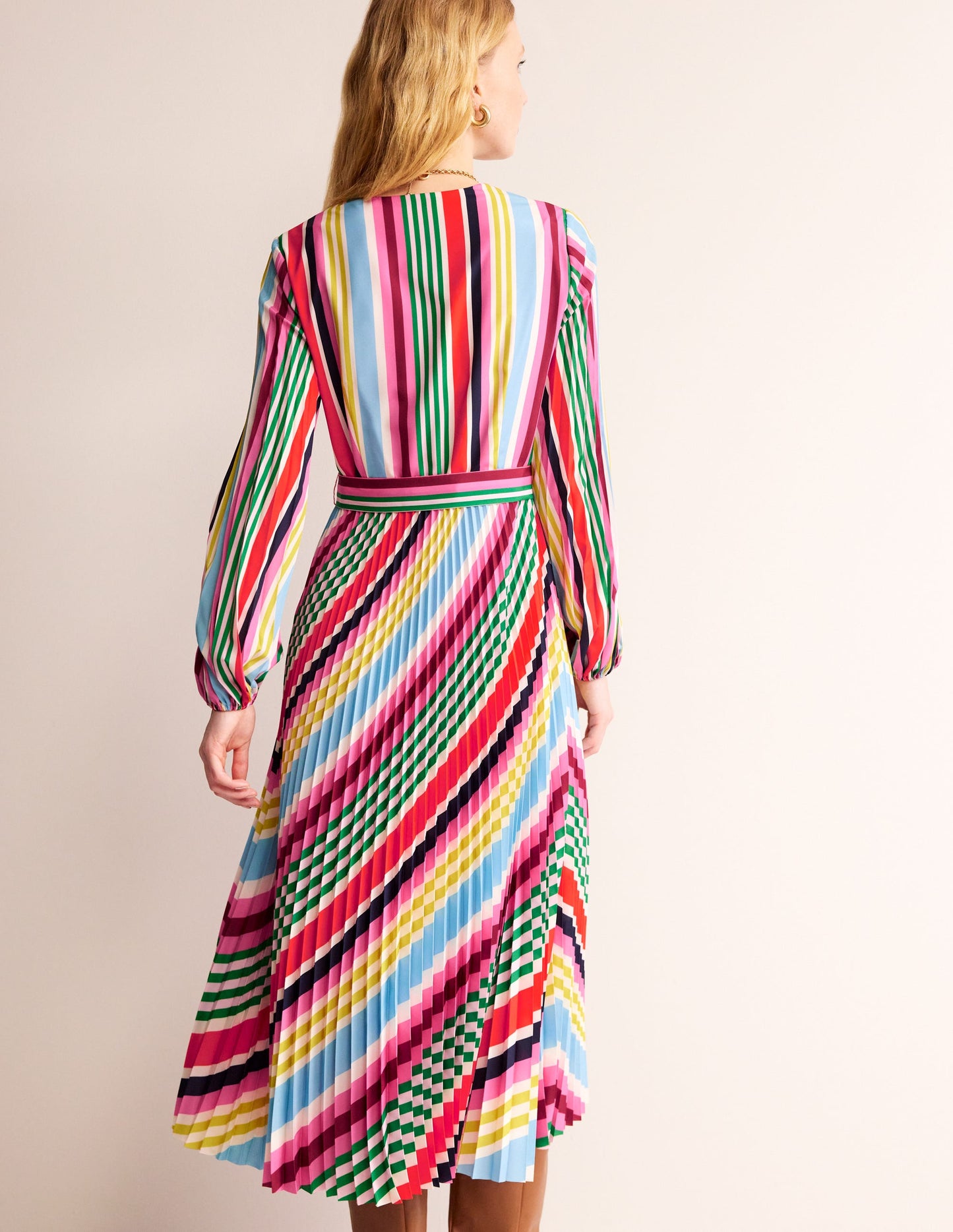 V-Neck Pleated Midi Dress-Varigated Multistripe