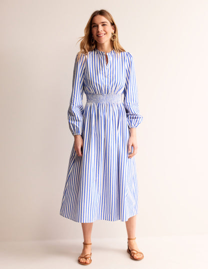 Smocked Waist Shirt Dress-Ivory and Blue Stripe