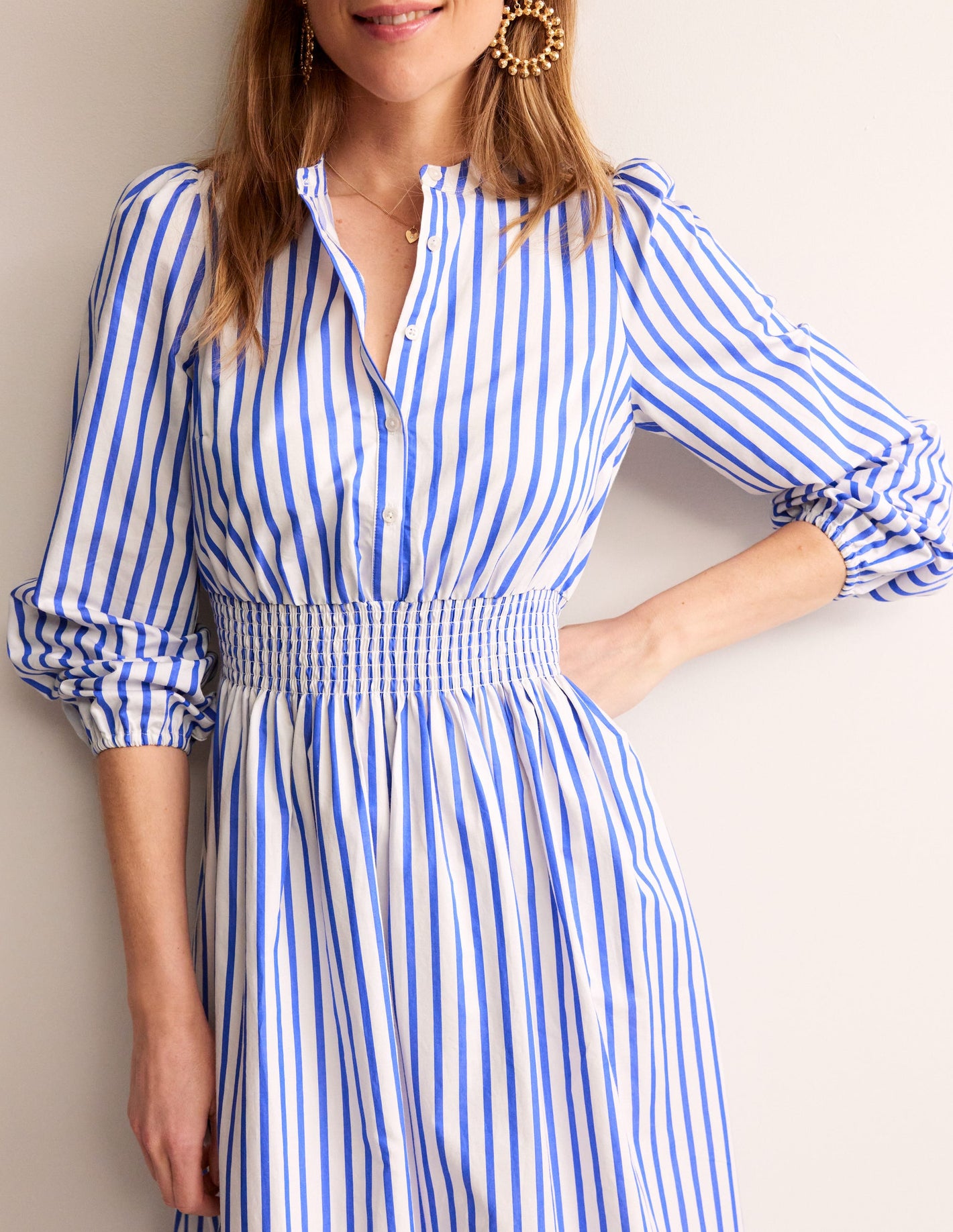 Smocked Waist Shirt Dress-Ivory and Blue Stripe