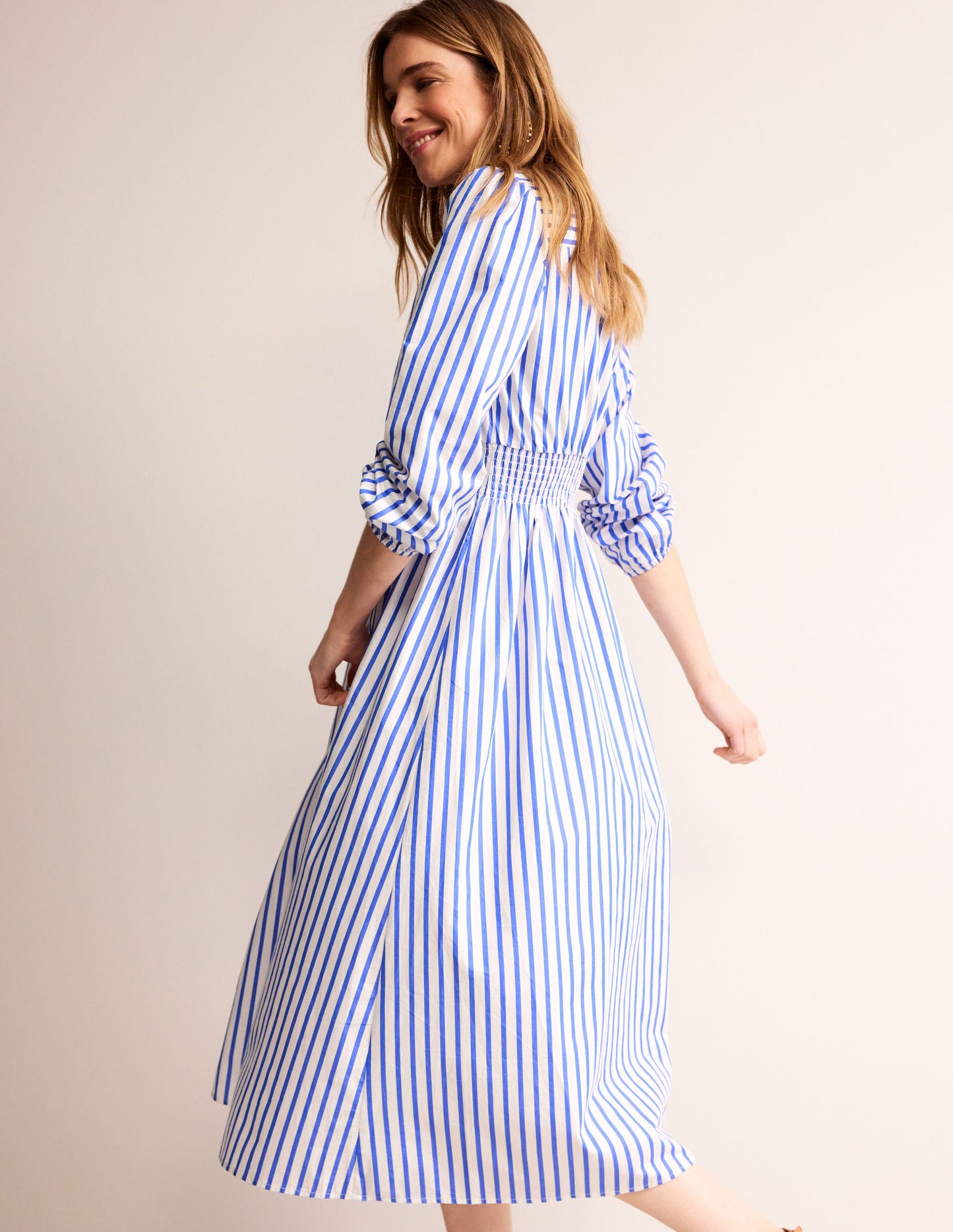 Smocked Waist Shirt Dress-Ivory and Blue Stripe