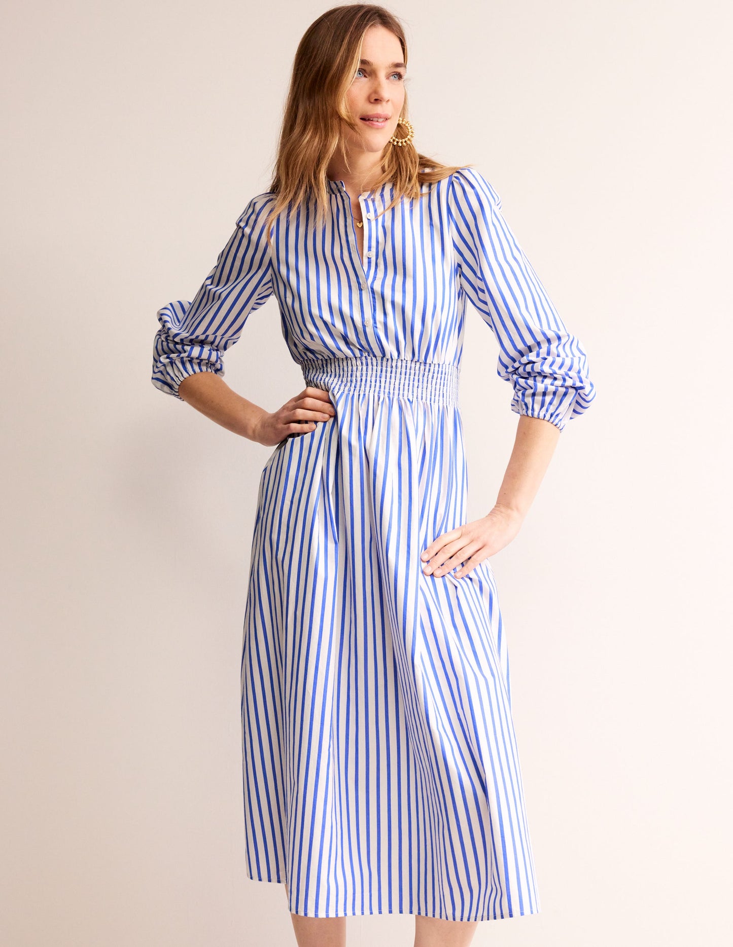 Smocked Waist Shirt Dress-Ivory and Blue Stripe