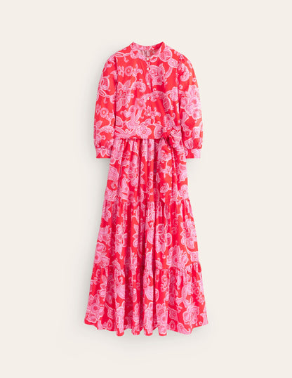 Alba Tiered Cotton Maxi Dress-Flame Scarlet, Cascade Paisley