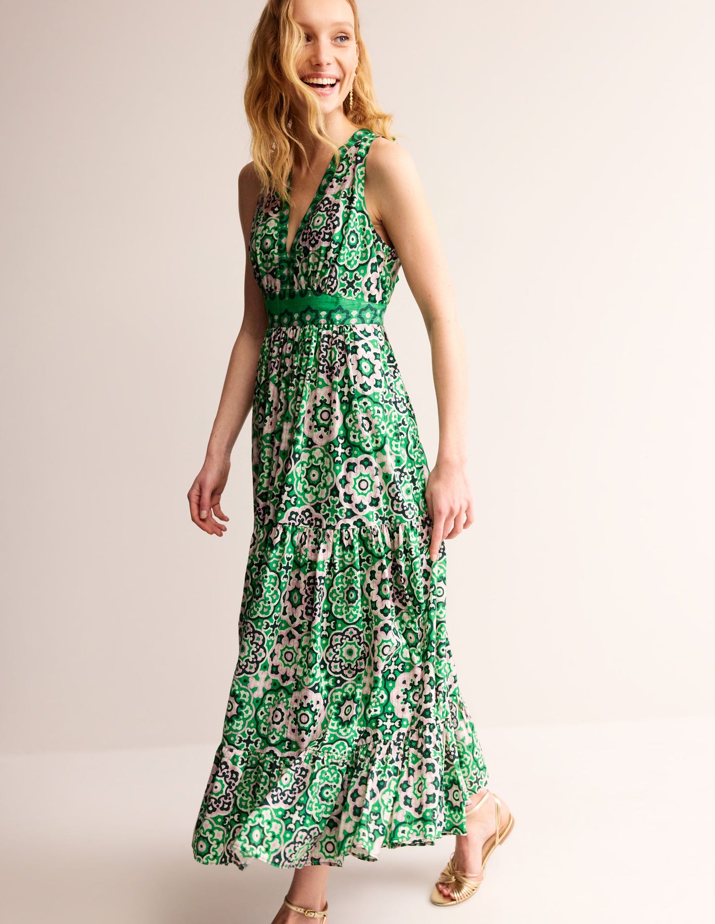 Serena Cotton Tie Maxi Dress-Green Tambourine, Artisian Geo