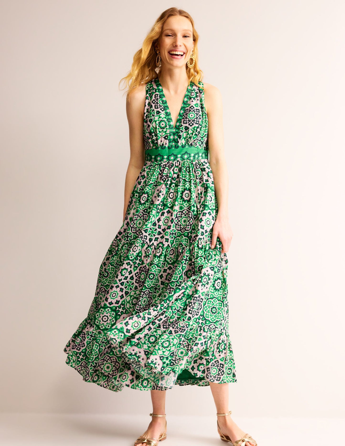 Serena Cotton Tie Maxi Dress-Green Tambourine, Artisian Geo