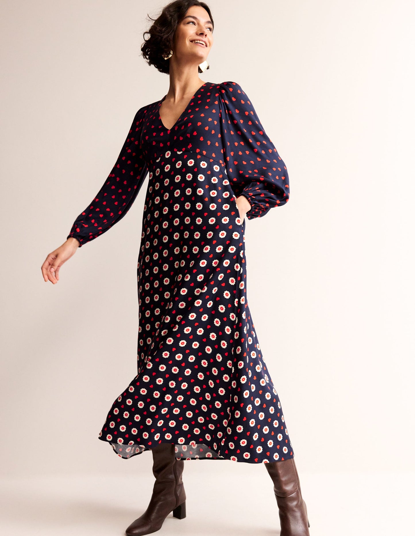 Empire Waist Maxi Tea Dress-Navy, Daisy Heart