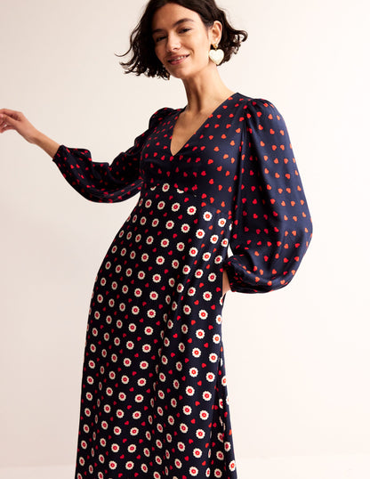 Empire Waist Maxi Tea Dress-Navy, Daisy Heart