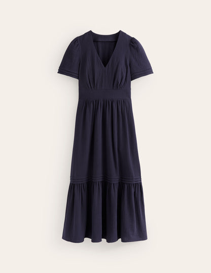 Eve Double Cloth Midi Dress-Navy