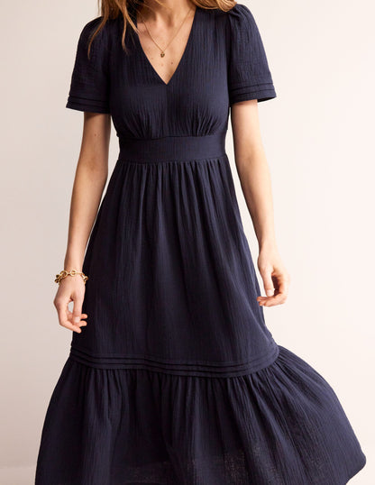 Eve Double Cloth Midi Dress-Navy