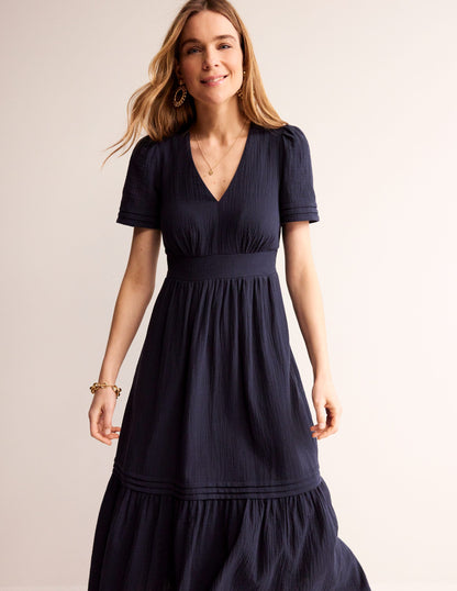 Eve Double Cloth Midi Dress-Navy