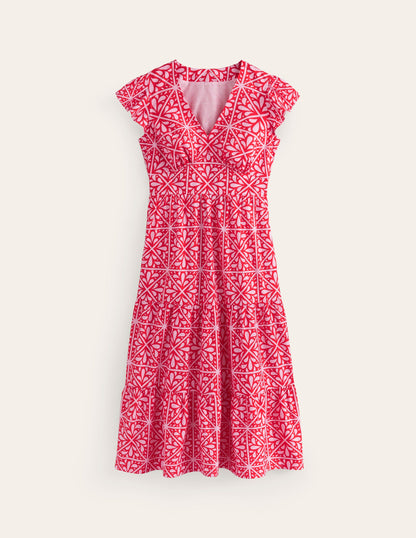 May Cotton Midi Tea Dress-Flame Scarlet, Floral Mosaic