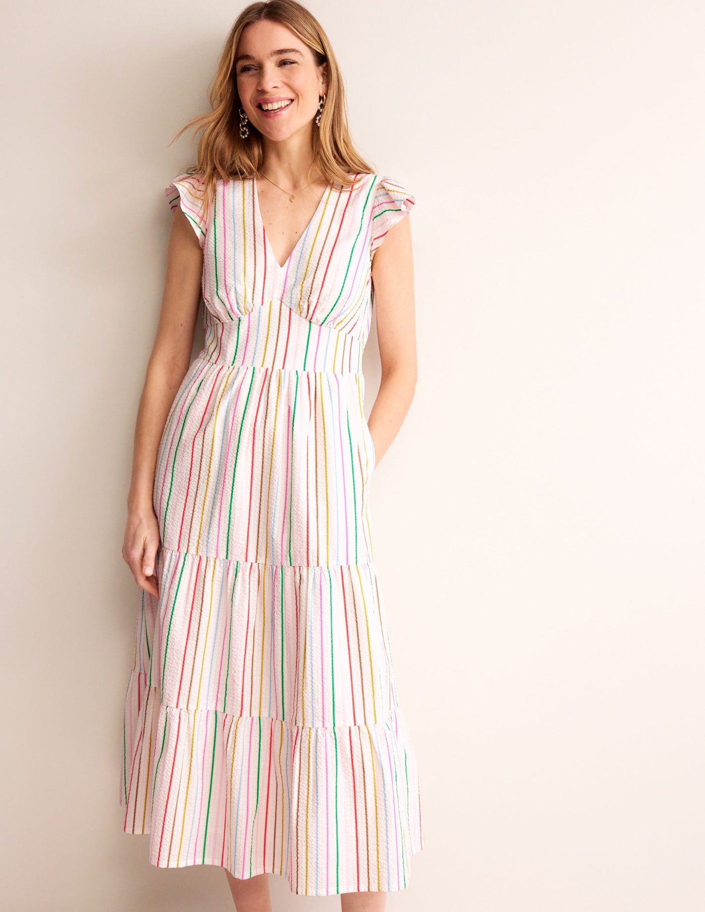 May Cotton Midi Tea Dress-Rainbow Seersucker Stripe