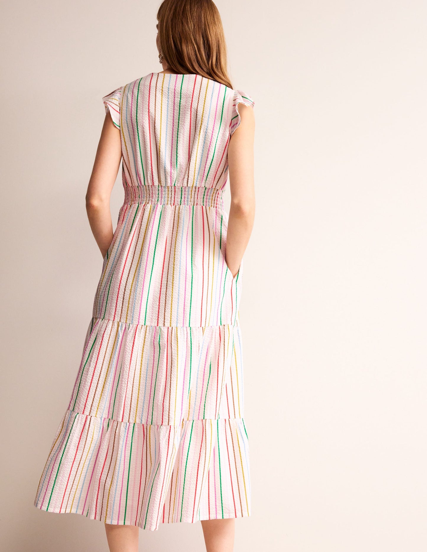 May Cotton Midi Tea Dress-Rainbow Seersucker Stripe