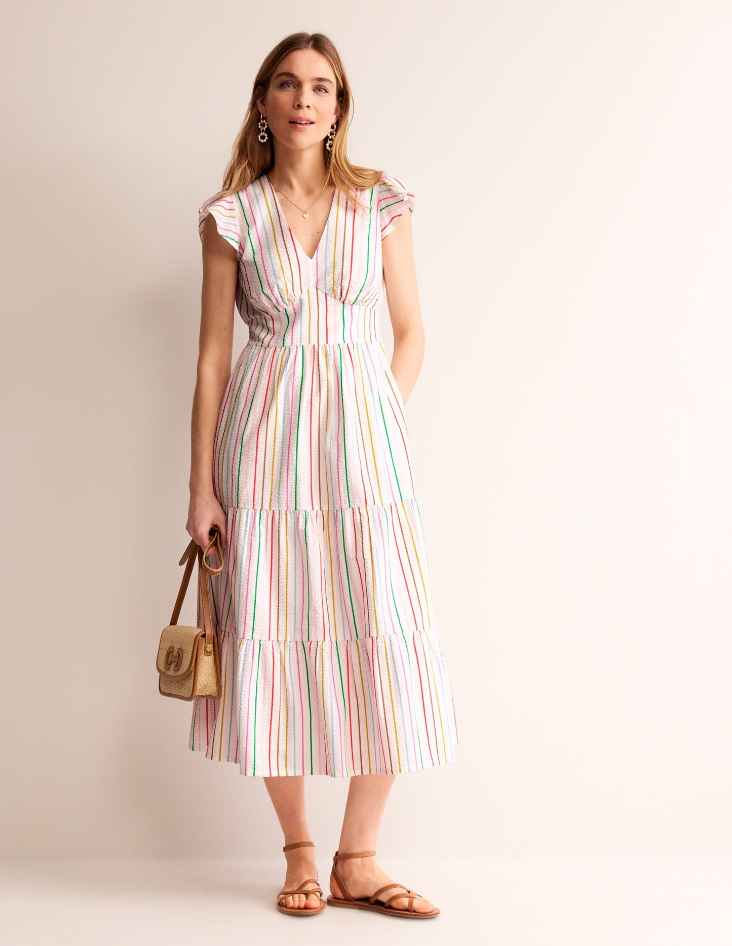 May Cotton Midi Tea Dress-Rainbow Seersucker Stripe