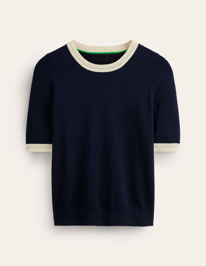 Catriona Cotton Crew T-Shirt-Navy/ Warm Ivory