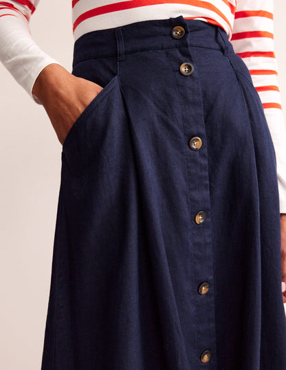 Petra Linen Midi Skirt-Navy