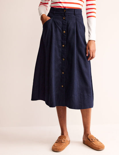 Petra Linen Midi Skirt-Navy