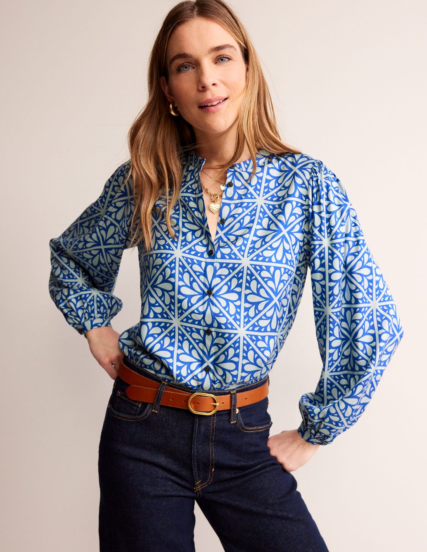 Blouson Sleeve Blouse-Surf The Web, Floral Mosaic