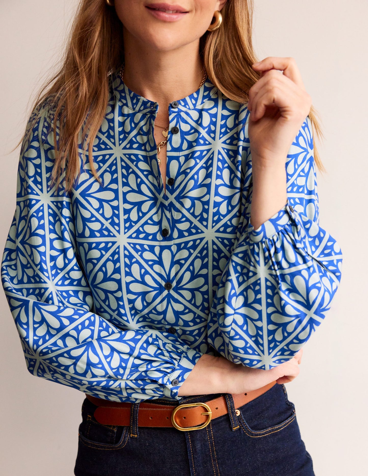 Blouson Sleeve Blouse-Surf The Web, Floral Mosaic