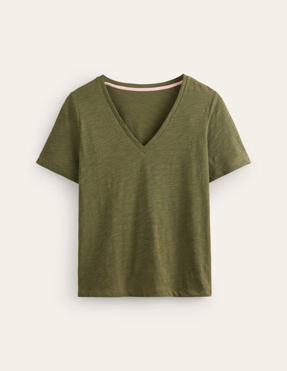 Regular V-Neck Slub T-shirt-Oregano