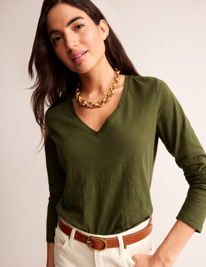 Cotton V-Neck Long Sleeve Top-Oregano