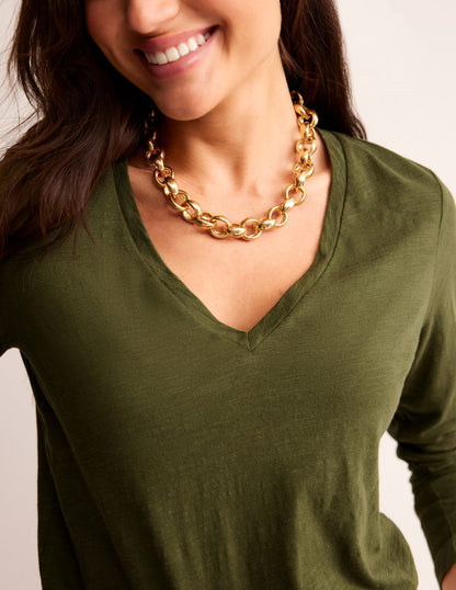 Cotton V-Neck Long Sleeve Top-Oregano