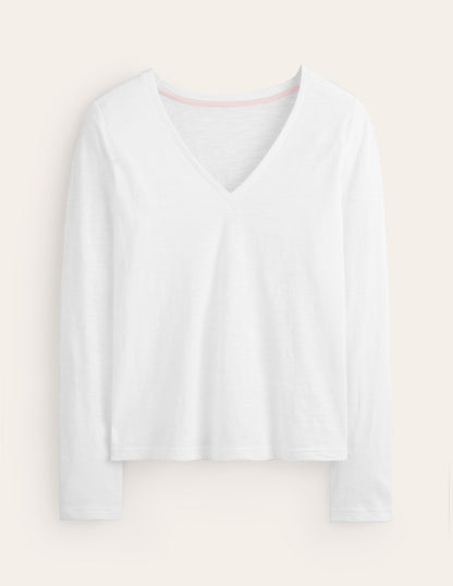 Cotton V-Neck Long Sleeve Top-White