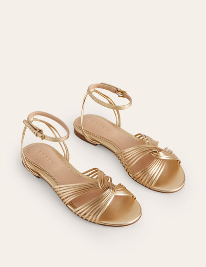 Twist Front Flat Sandals-Gold Metallic Leather