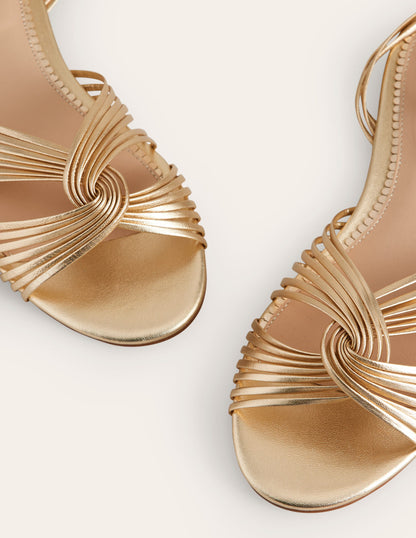 Twist Front Flat Sandals-Gold Metallic Leather