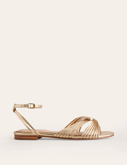 Twist Front Flat Sandals-Gold Metallic Leather