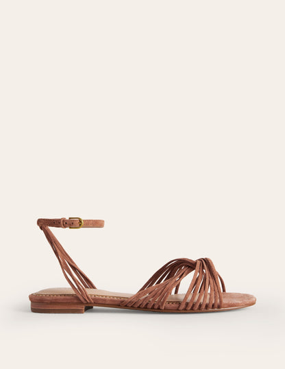 Twist Front Flat Sandals-Tan Suede