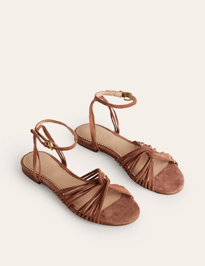 Twist Front Flat Sandals-Tan Suede