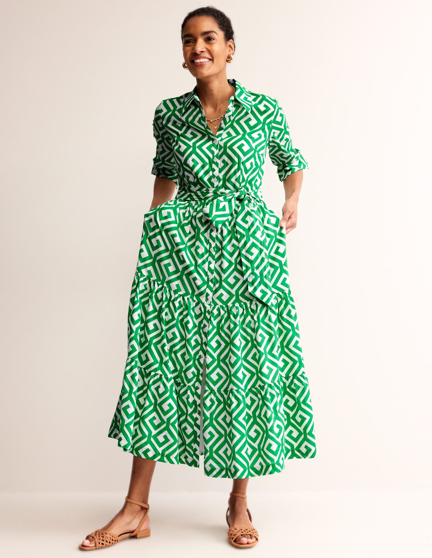 Flo Cotton Midi Shirt Dress-Green Tambourine, Maze